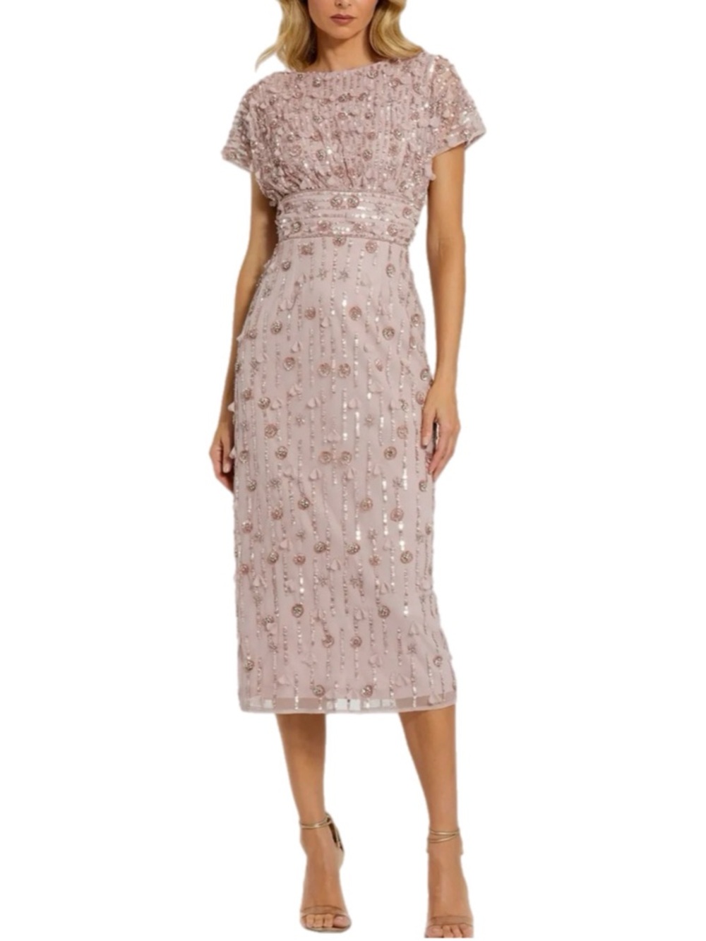 NWT $498 MSRP Mac Duggal Pink 3D Floral & Sequin Sheath Midi Dress Size 4